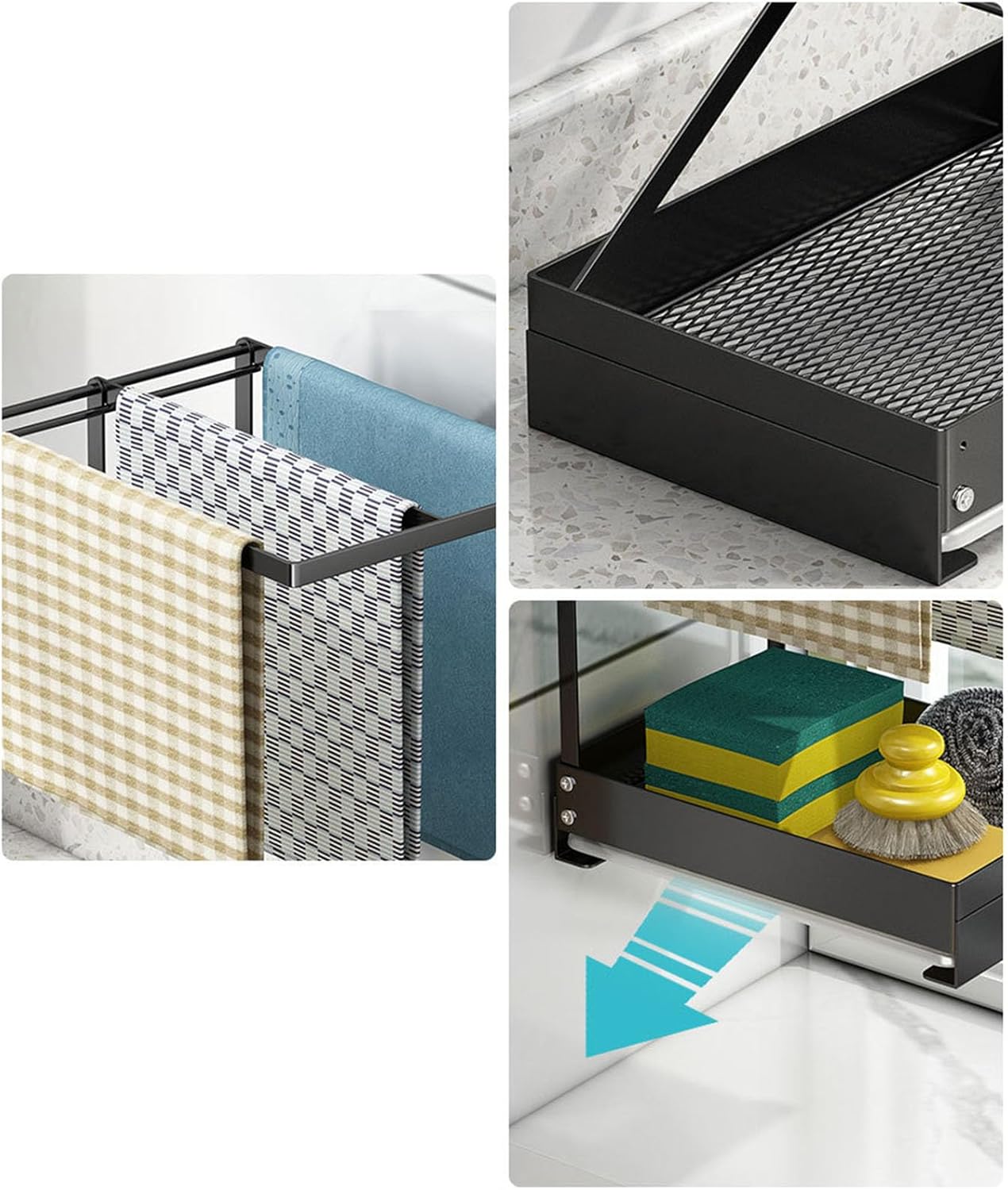 Collapsible Sink Holder Kitchen Tool Organizer Drain Tray with Cleaning Supplies Holder Storage Rack for Brushes and Detergent