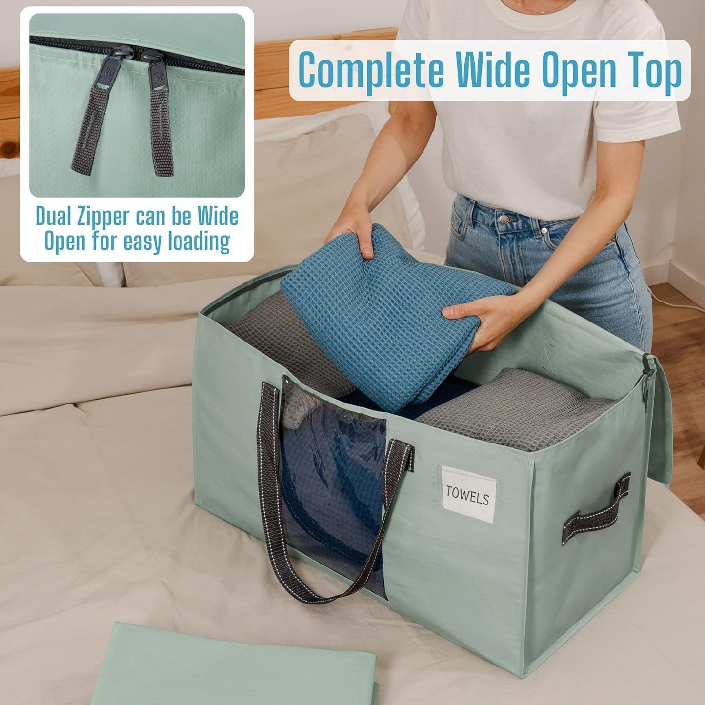 VENO 2 Pack Moving Bags, Comforter and Blanket Storage Bags for Closet, Moving Boxes, Boxes with Lids Alternative, College Dorm Packing Supplies, Foldable Heavy-Duty Tote (Light Green Matte, 2 Pack)