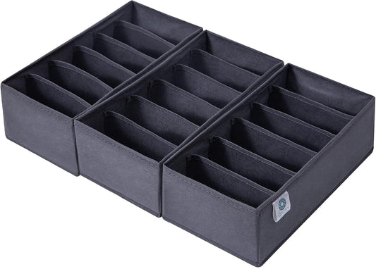 Qozary 3 Pack Sock Underwear Drawer Organizer Dividers, Non-Woven Fabric Collapsible Cabinet Closet Storage Boxes for Clothes, Socks, Lingerie, Underwear, Tie, Belt, Baby, Bedroom (Gray, 6 Cells)