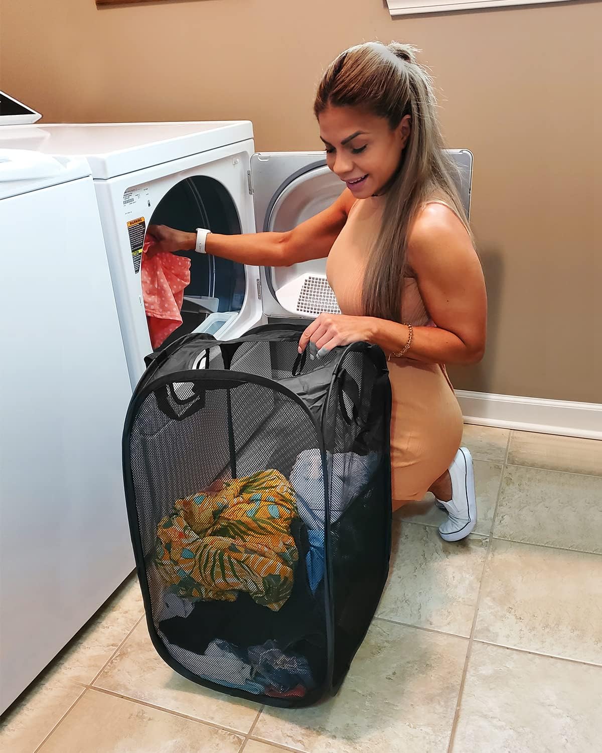 HOUSE AGAIN Mesh Popup Laundry Hamper, [Reinforced] Collapsible Laundry Basket, Foldable Pop Up Hamper with Durable Handles, Easy to Open and Fold for Dorm, Laundry Room, Bedroom, Travel, (Black)