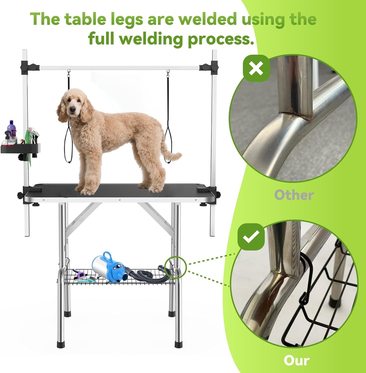 46" Large Dog Grooming Table, Non-Slip Tabletop with Adjustable Armrests, Lasso, Tool Organizer, Grid Tray, Foldable Home Pet Station, Maximum Weight Capacity 330 Ibs,Black