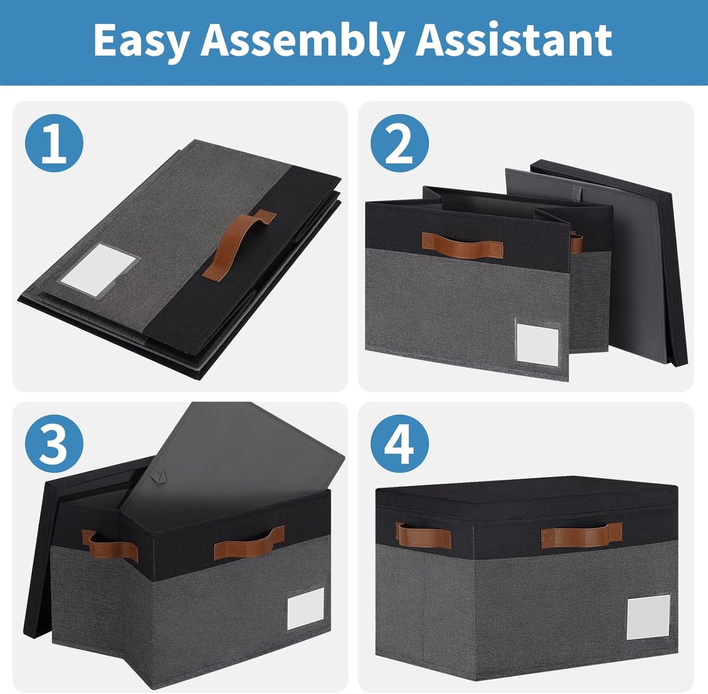 GhvyenntteS Fabric Storage Bins with Lids 3 Pack, Closet Storage Boxes with Lid and 3 Handles, Foldable Storage Baskets with Lids and Label Window for Home Office (Grey&Black, 15" x 11" x 9.7")