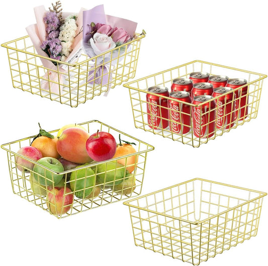 4 Pack Gold Wire Baskets for Organizing Office Wire Storage Basket Gold Metal Storage Baskets for Kitchen Cabinets, Bathroom, Countertop