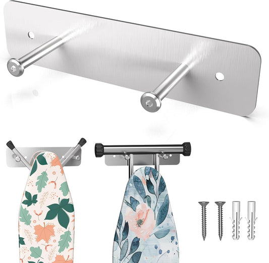Ironing Board Holder Wall Mount, Ironing Board Hanger for Y or T Shaped, Laundry Rooms Stainless Steel Iron Board Hook with Adjustable Hooks