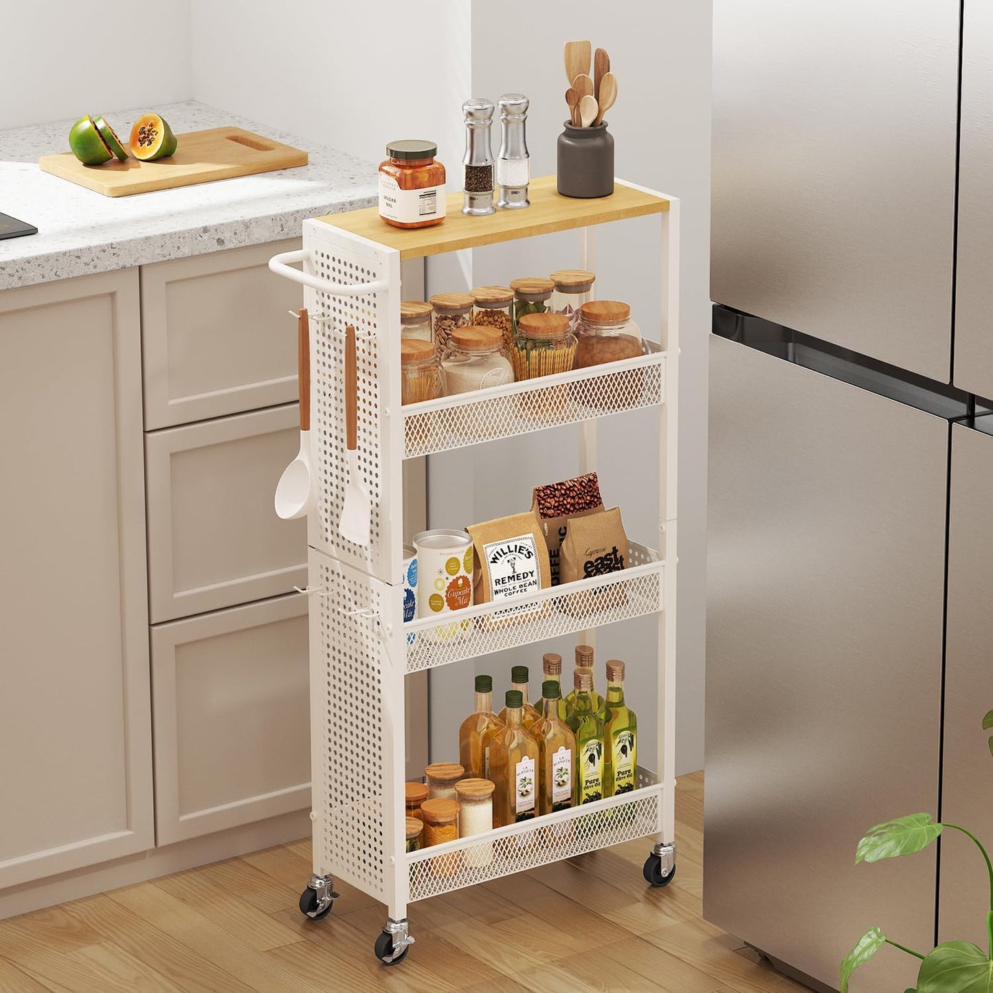 Utility Slim Storage Cart 4 Tier Small Rolling Kitchen Laundry Room Organization Cart with Wood Top Metal Narrow Bathroom Cart Cabinet Narrow Storage Cabinet Trolley with Handle for Small Space