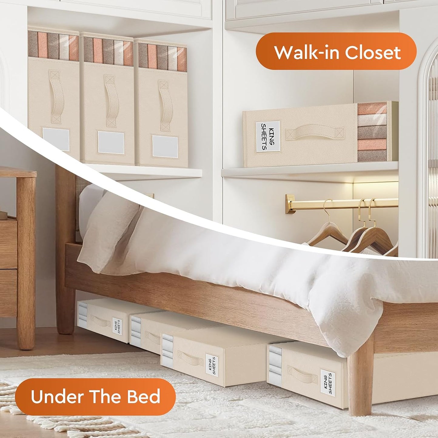 2 Pack Bed Sheet Closet Organizers and Storage,Sturdy Foldable Storage Containers with Window and Label,Storage and Organization for Bedding Sheets,Duvet Covers,Blankets (Beige)