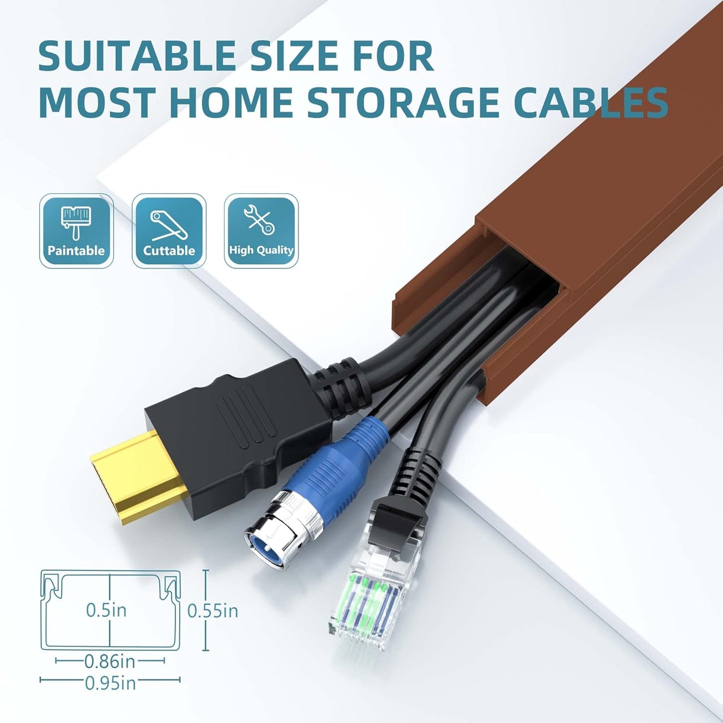 Wire Hider, 157in Delamu Cord Hider Wall, Paintable Wire Covers for Cords, TV Cable Hider Wall Kit, Cable Covers Raceway, Cable Management Hide TV Cords for Wall Mount TV, 10XL15.7 W0.95 H0.55in Brown