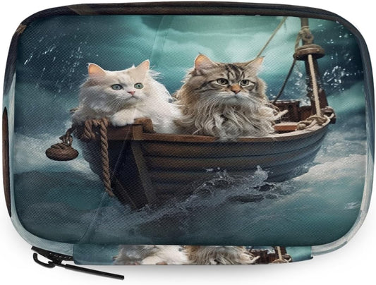 Funny Cats Wooden Boat Pill Organizer Travel Medicine Case with Zipper Daily Vitamin Storage Bag Portable 8 Slot Weekly Pill Box Supplement Holder for Home Office Gym Travel