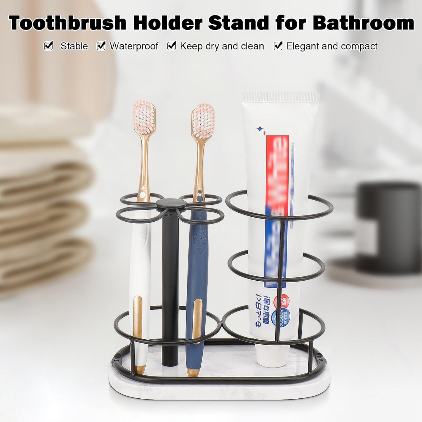 HarJue Toothbrush Holder Stand for Bathroom, Metal Toothbrush Organizer with Marble Base, Toothbrush Storage Collection for Family, Suitable for Home Hotel Countertop Vanity (Medium, Matte Black)