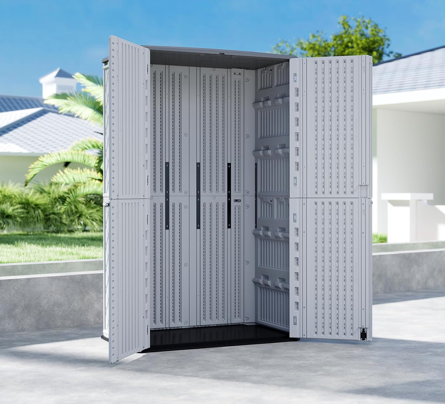 HOMSPARK Storage Shed Weather Resistance, Multi-Purpose Outdoor Storage Cabinet for Backyards and Patios, Horizontal Storage Shed for Lawnmower, Patio Accessories (White, Tall - 53 cu.ft)