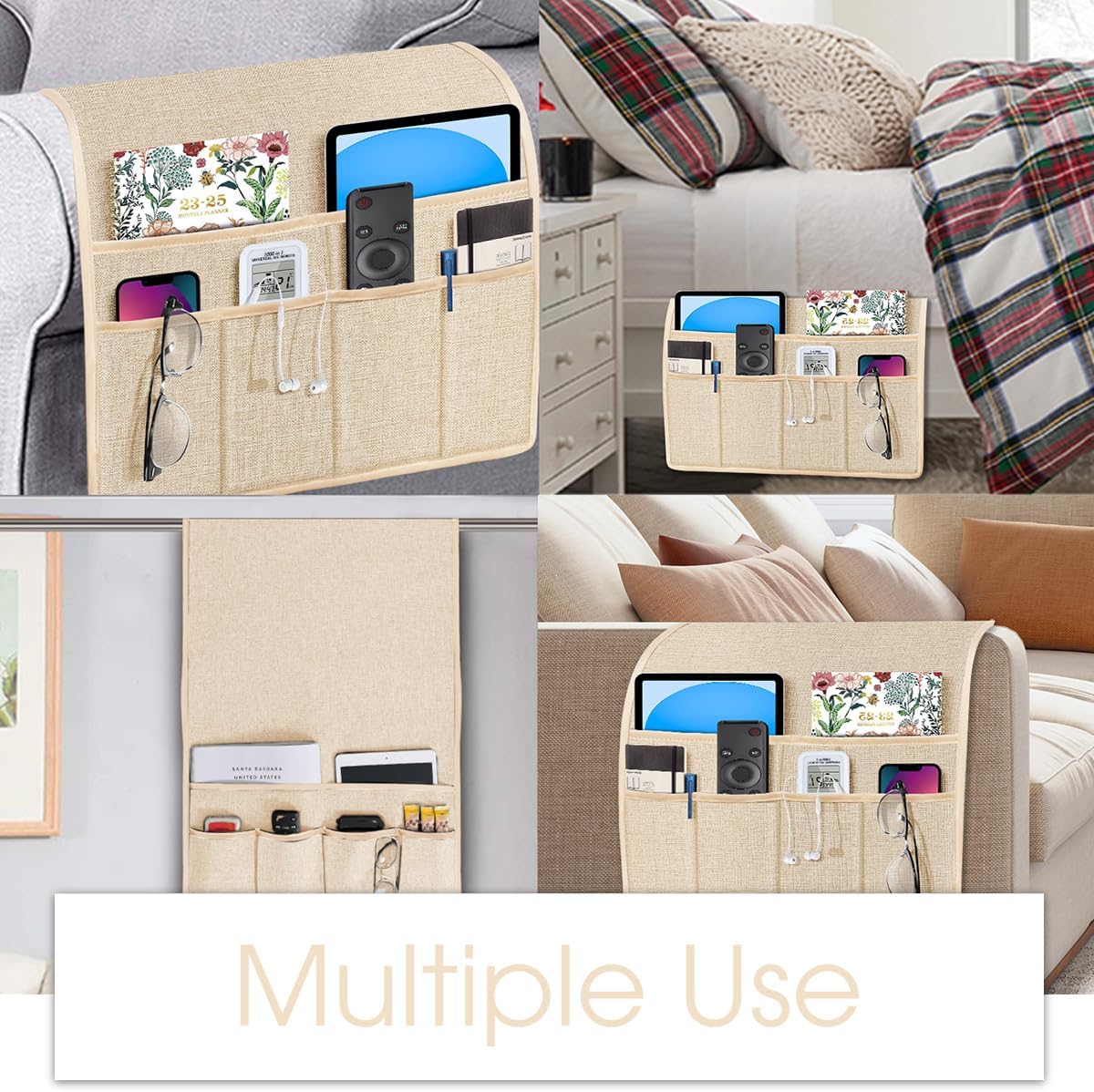 Joywell Sofa Armrest Organizer Couch Armchair Caddy Remote Control Holder for Recliner Non Slip Arm Chair Caddie with 6 Pocket Storage for Magazine, Tablet, Phone, iPad, Champagne