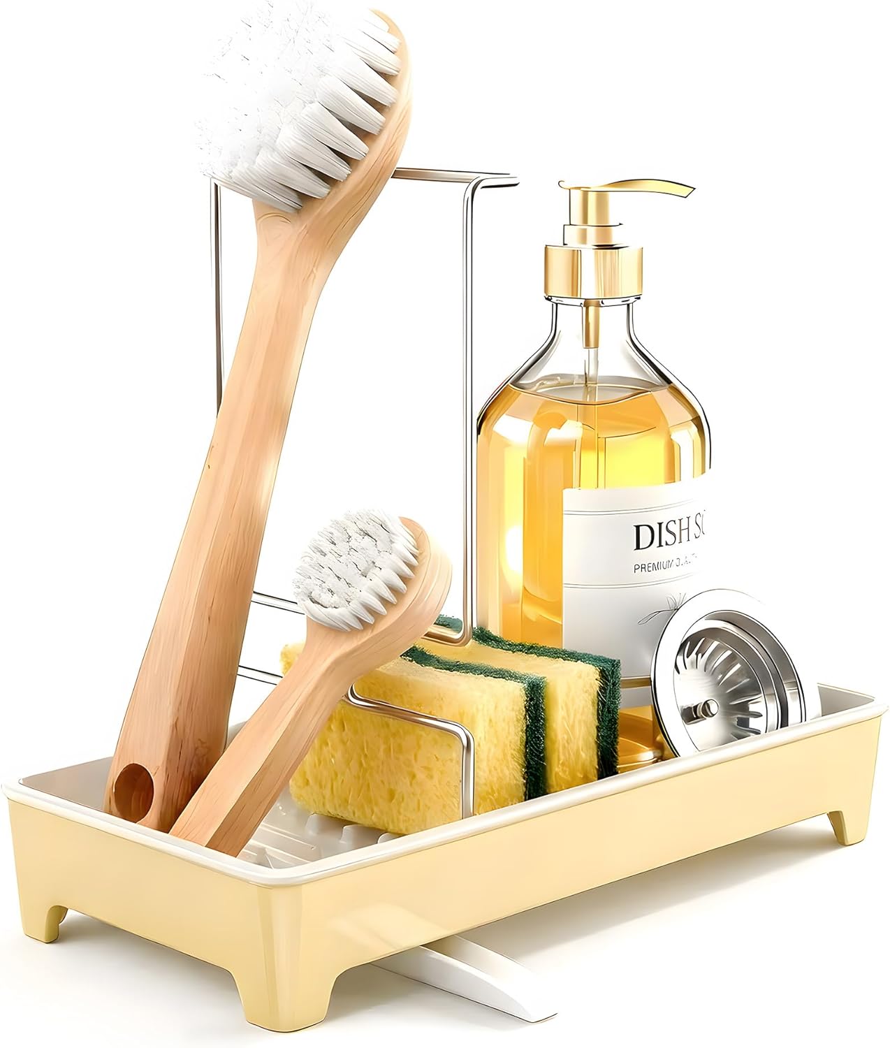 Ceramic-Look Sink Caddy, Rustproof Sponge Holder for Kitchen Sink with 304 Stainless-Steel Brush Holder, Countertop Rack Organizer with Raised Ridges & Silicone Drain Tube (Pastel Yellow)