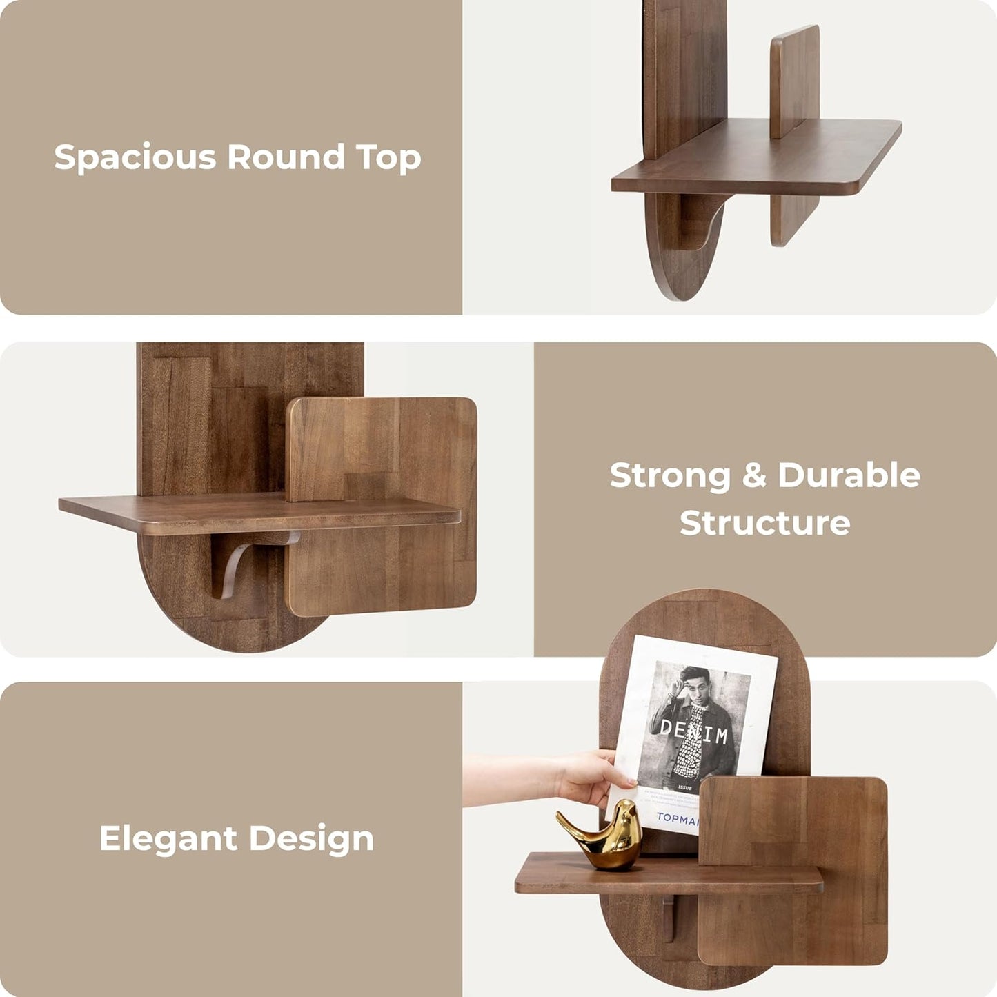 Behomes Claudia Solid Wood Floating Nightstand, Rustic Wall Mounted Bedside Table, Mid Century Modern Floating Shelf for Bedroom, Side End Table for Living Room, Space Saving Night Stand, Walnut