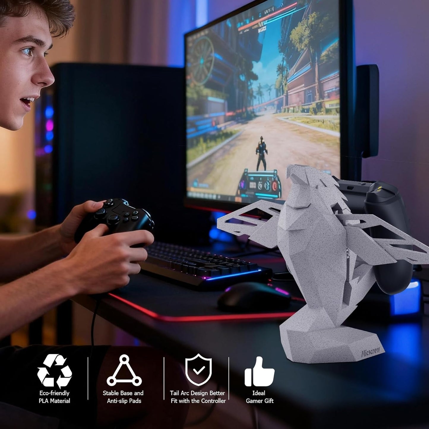 Controller Holder for Xbox/PS/Switch – Monument Marble-Style Eagle Stand, Auto-Spreading Wings, Dual Placement, Scratch-Free Curved Tail Design