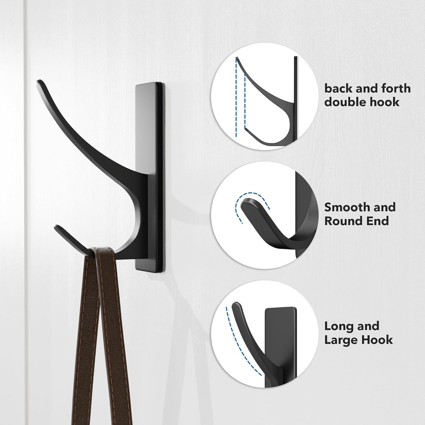 pickpiff Self Adhesive Coat Hooks for Hanging, Heavy Duty Stainless Double Wall Hook for Towel, Backpack, Hat, Sturdy Metal Hanger for Bathroom, Bedroom, Door, Wall Mounted, 10 Pack, Matt Black
