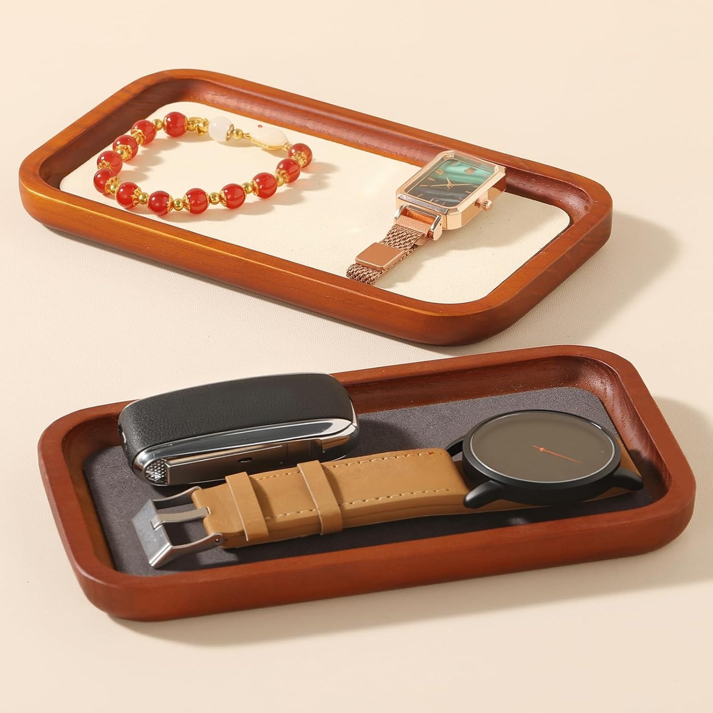 Wooden Jewelry Display Tray Rounded Rectangle Ring Showcase Stackable Elegant Bracelet Watch Jewelry Organizer for Personal Use and Commerce (Old Lace, Medium-W 3.9'' x H 0.6'' x L 7'')