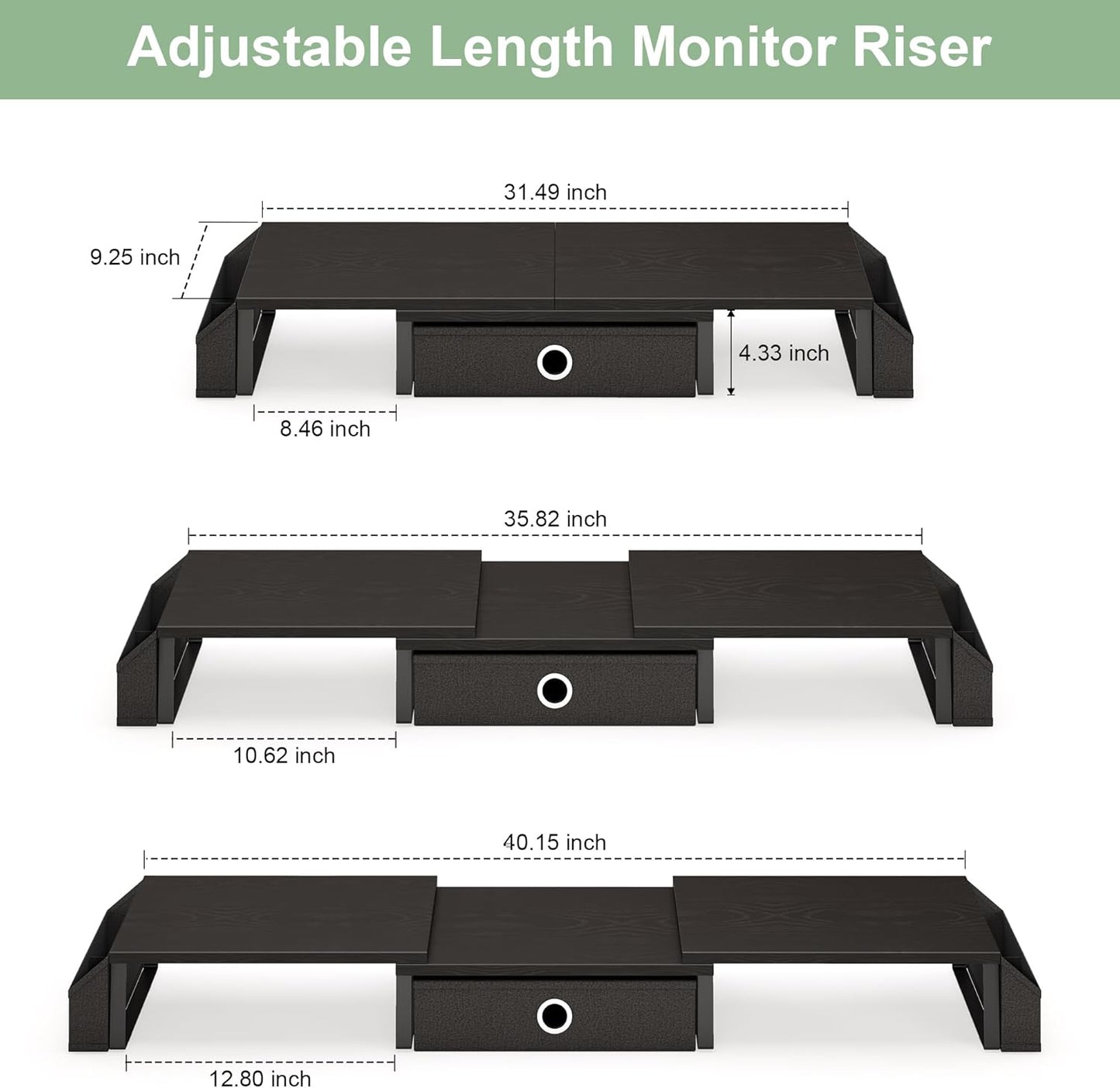 Dual Monitor Stand Riser w/ Drawer & Metal Leg, Large Computer Monitor Riser w/ Storage For 2 Monitors, Desk Shelf For Monitor w/ Adjustable Length & Angle, Desktop Organizer For Laptop/TV/Printer