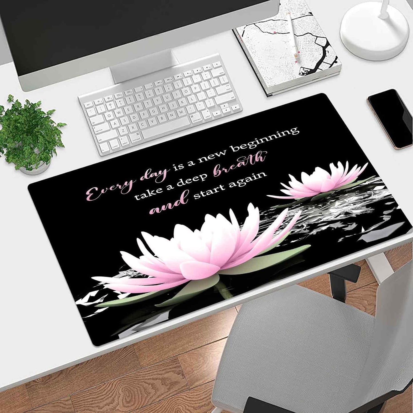 LB Pink Water Lily Flower Inspirational Large Mouse Pad with Motivational Quotes, Non-Slip Rubber Base Black White Aesthetic Desk Pad for Home, Office, Gaming Mouse Mat, 15.75" x 31.5"