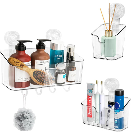Clear Shower Caddy Suction Cup Shelf Organizer with Hooks Removable Shower Basket Light Luxury Style Punch-Free Dorm Wall Storage Rack for Kitchen Bathroom Set of 3