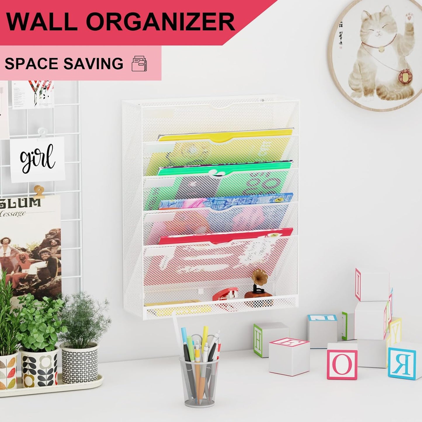 Hanging Wall File Organizer 6 Tier Wall Mounted File Holder Document Wall Organizer Magazine Organization for Office Home, White