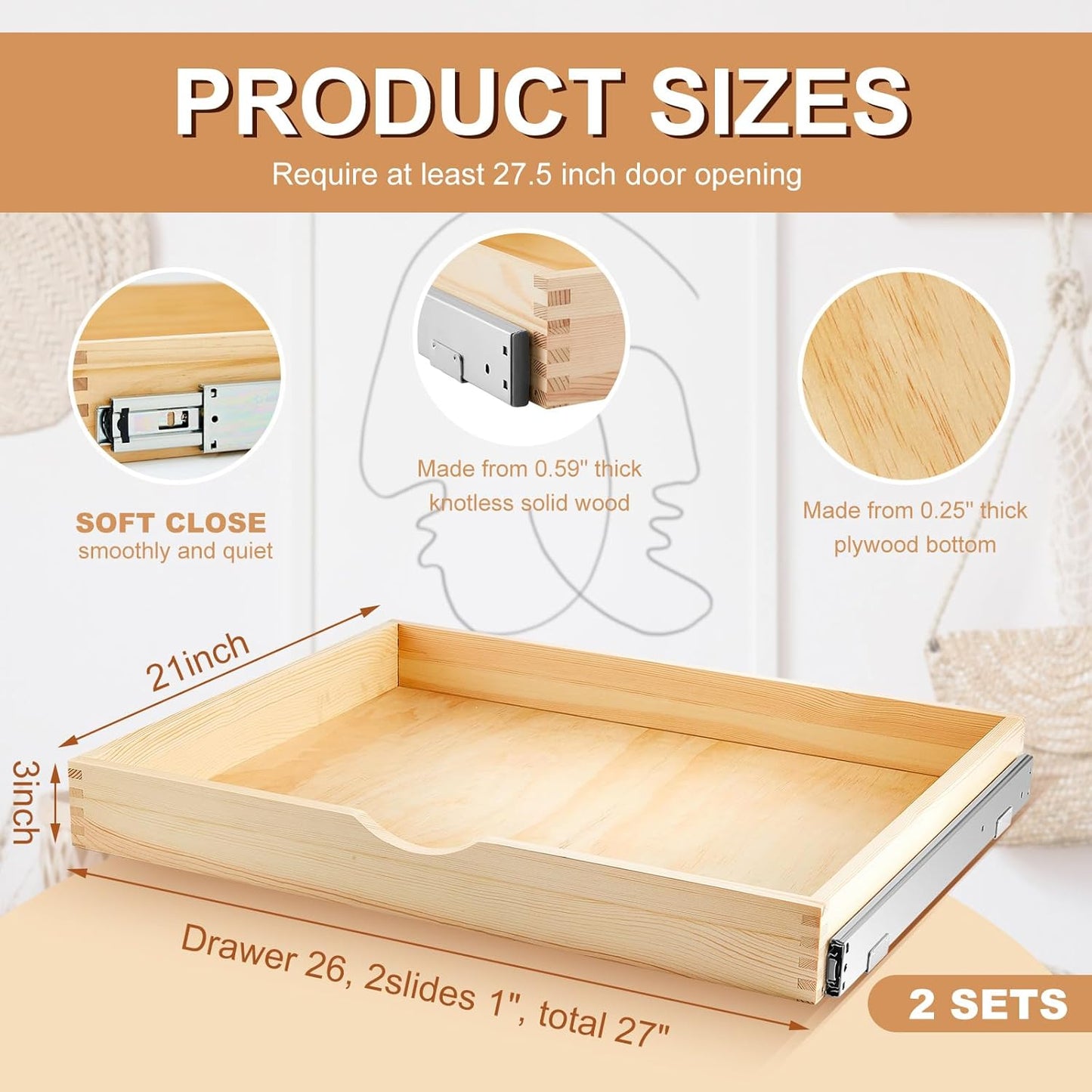 Menkxi 2 Set Pull out Tray Cabinet Organizer Wooden Pull Drawers storage Slide out Pantry Shelf for Base Cabinet Kitchen Gentle Close Fully Assembled Accessories(Wood Color,27'' X 21'' X 3")
