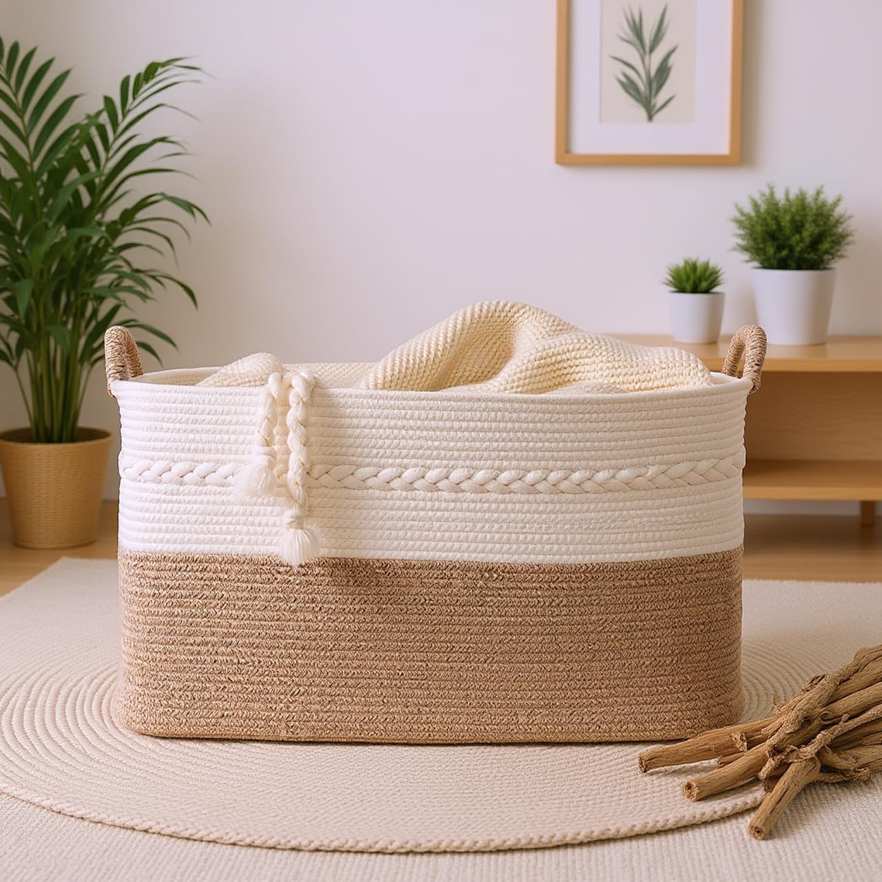 Extra large laundry basket woven from natural cotton rope with handles storage blankets for living rome big decorative quilted baskets for clothes toys pillows hamper 24"x16"x14" white/brown