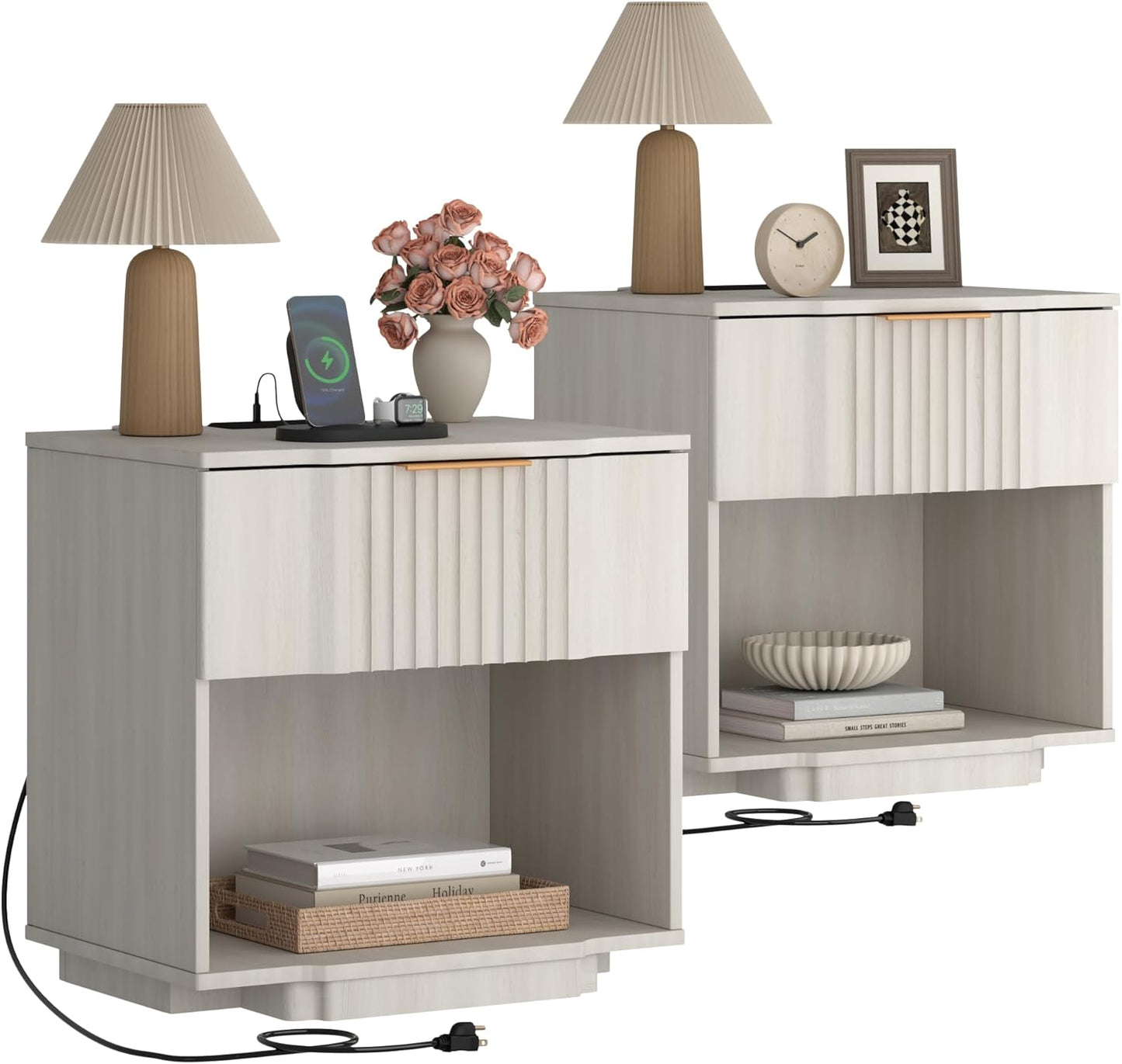 Yechen Fluted Night Stand Set 2 with 20W Fast Charging Station - Large Wood Nightstands with Storage Drawer & Shelf, Modern Wide Bedside End Tables for Bedroom with Curved Profile Base, White Oak