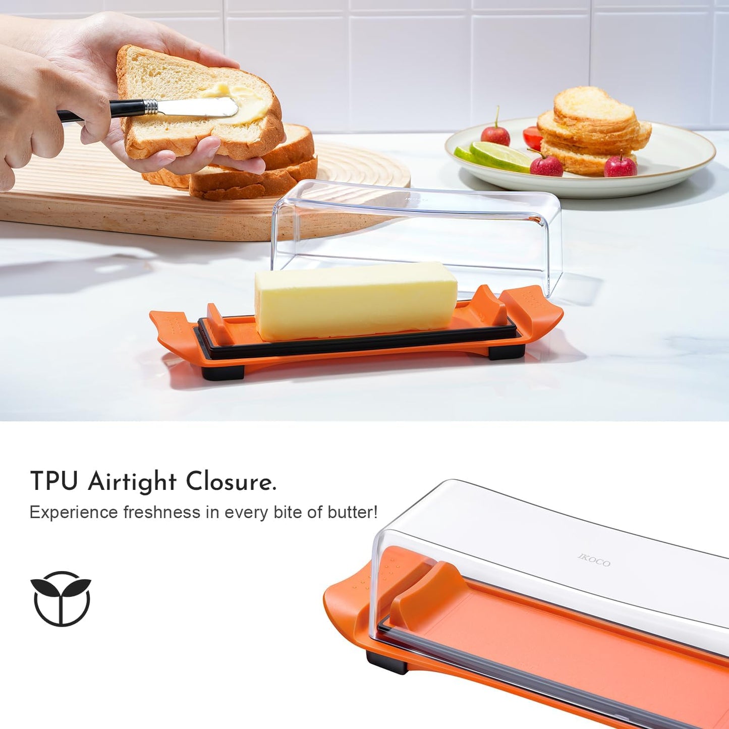 Butter Dish, IKOCO Airtight Butter Dish with Lid for Countertop and Refrigerator, Dishwasher Safe Butter Holder Container for Eastern and Western butter, Orange