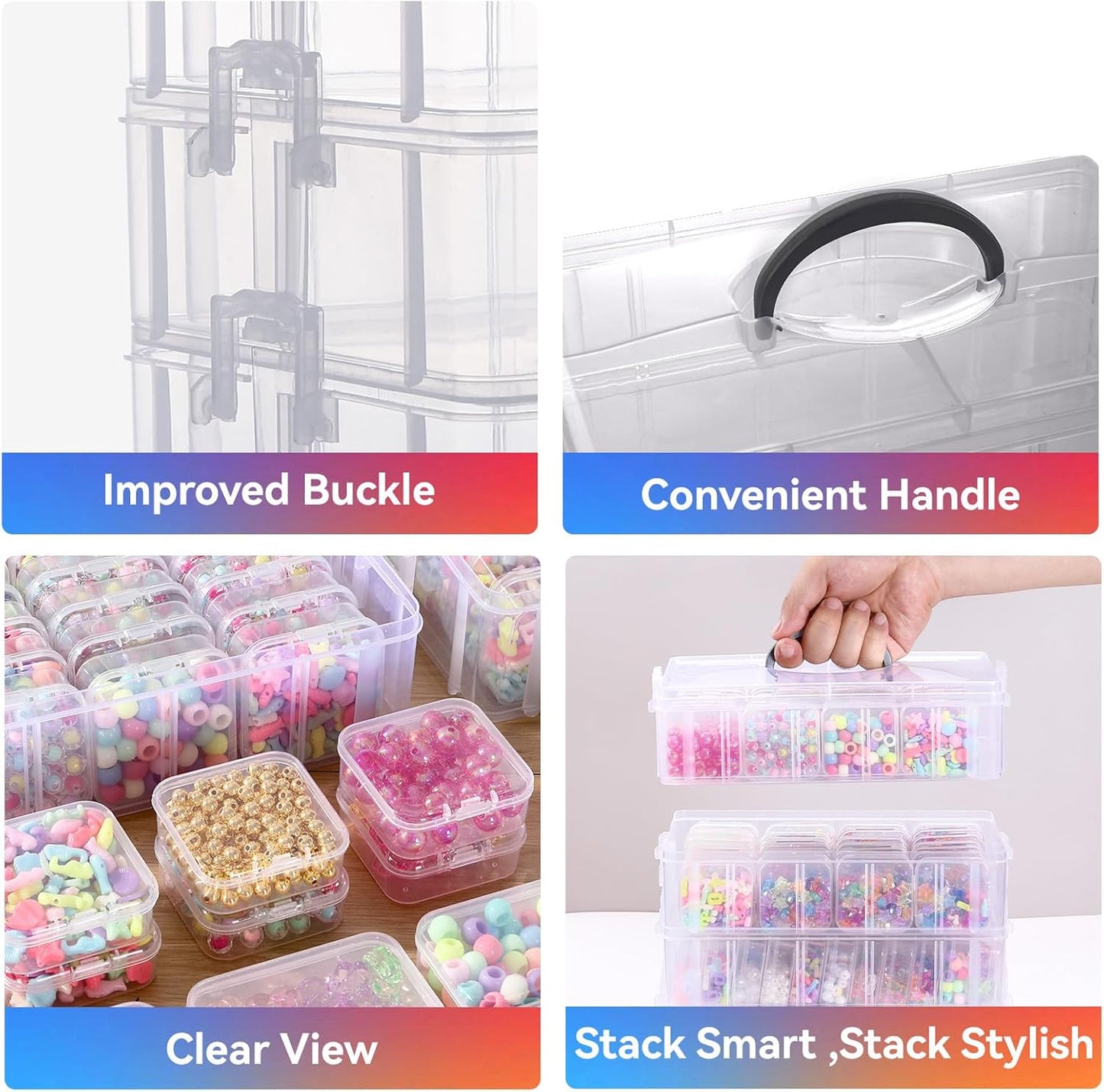 VTG Bead Organizer Box, 56 Pcs Small Plastic Containers with Lids and 3-Tier Stackable Storage Box, Clear Organizers for Jewelry Toys Craft Storage