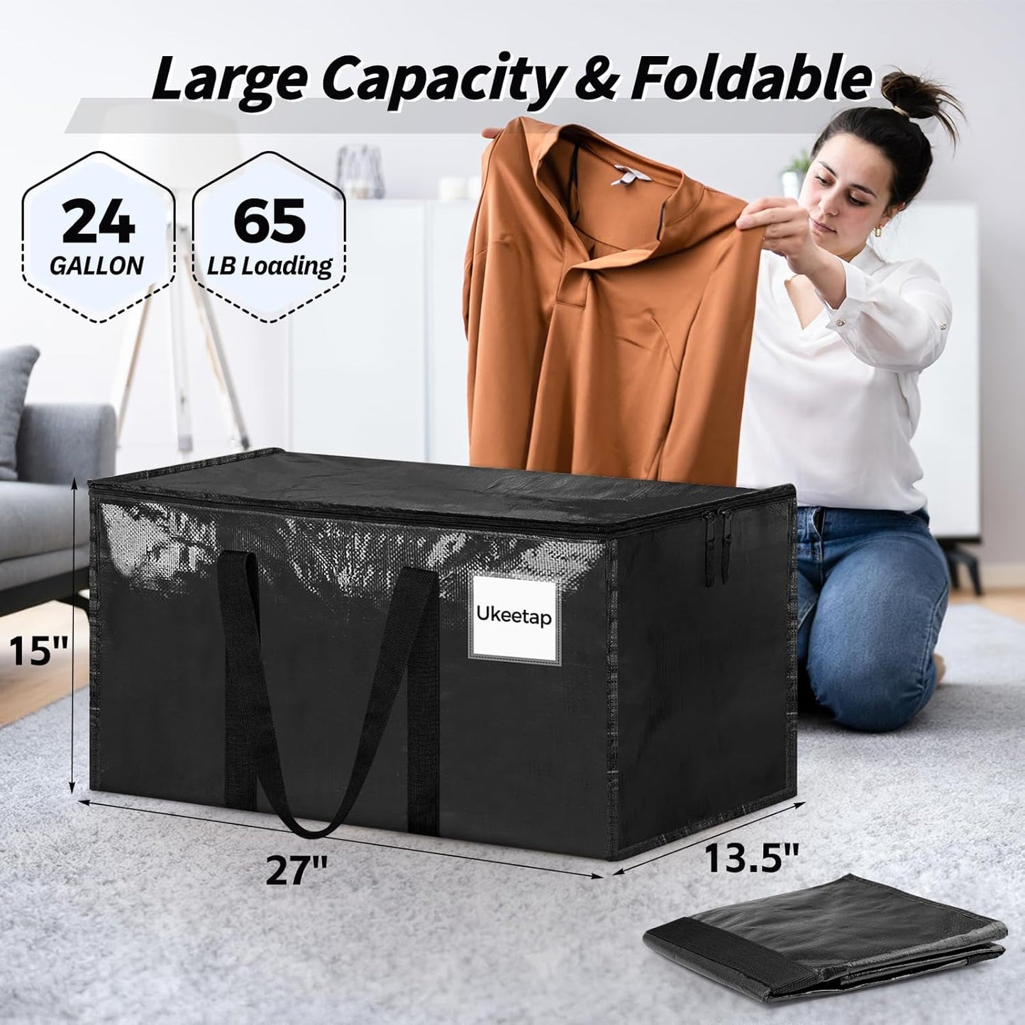 8 Pack Extra Large Heavy Duty Moving Bags, Black Storage Bins with Lids, Reinforced Handles & Heavy-Duty Zippers Moving Boxes Storage Bags Totes for Clothes Packing, Dorms, College Supplies, Black