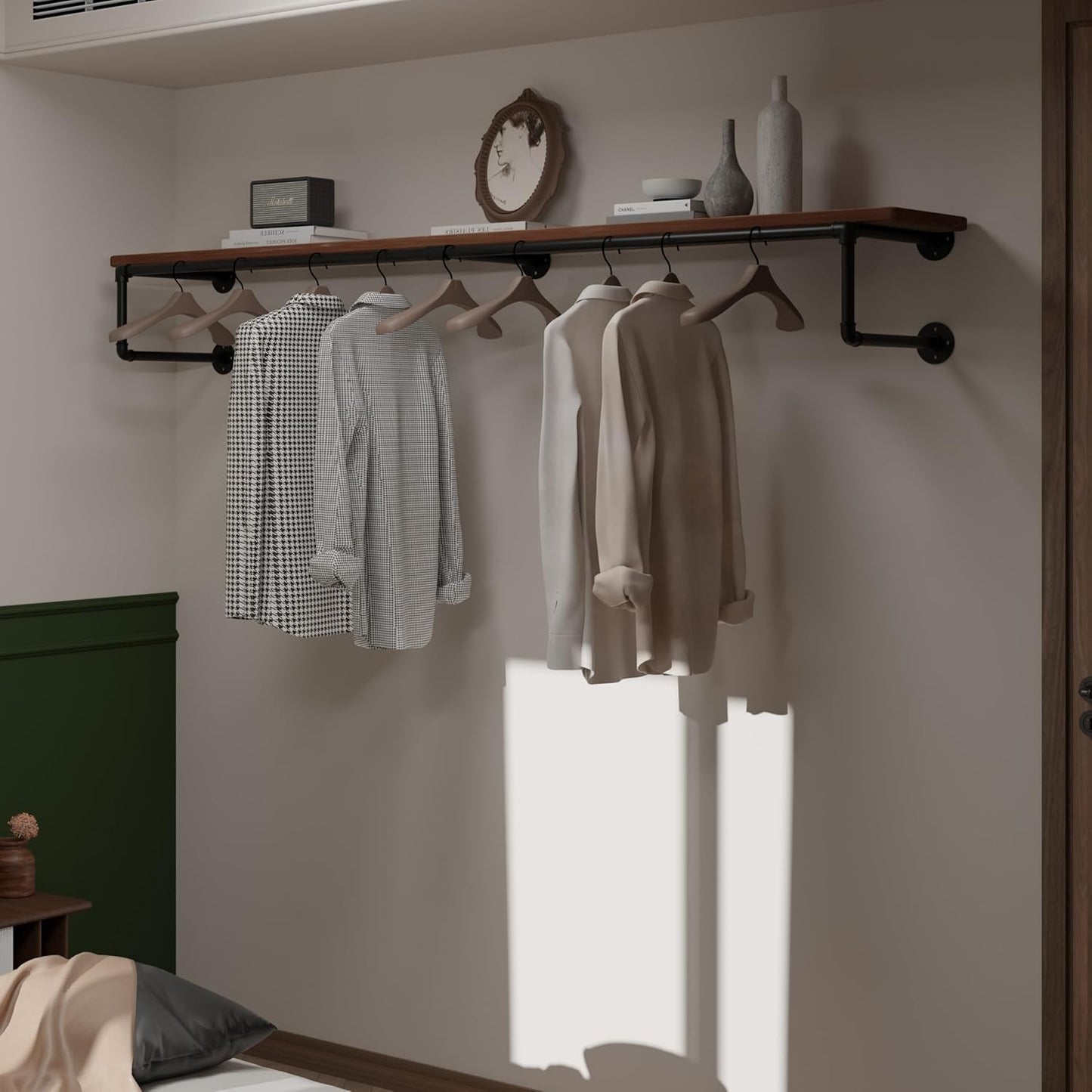 Clothes Rack 70in, Wall Mounted Garment Racks with Real Brown Wood Shelf, Heavy Duty Hanging Clothes Rack, Multi-Purpose Hanging Rod, Space-Saving Closet Storage