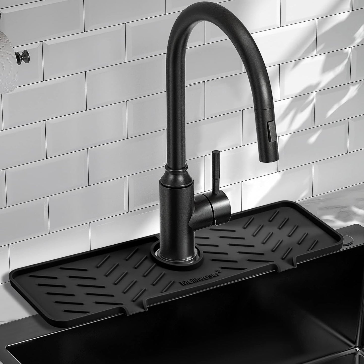 Meiliweser Silicone Faucet Mat for Kitchen Sink – Gen 2 Splash Guard with Upgraded Outlet & Slope – 18” x 5.1” Water Catcher & Sink Sponge Holder for Kitchen and Bathroom (Black)