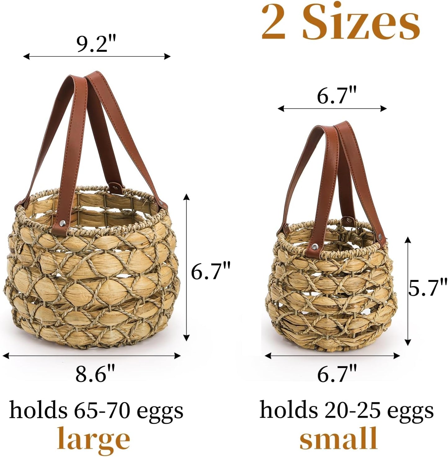 Goaste 2 Sizes Egg Collecting Baskets with Handle, Round Chicken Egg Storage Baskets, Handwoven Wicker Eggs Container for Gathering Fresh Eggs, Vintage Countertop Picnic Basket for Harvest, Kitchen