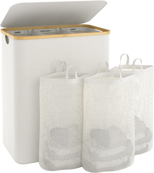 Extra Large 3 Section Dirty Clothes Laundry Basket with Lid, Dirty Clothes Hampers with Removable Bags for Bedroom and Laundry Room, Beige