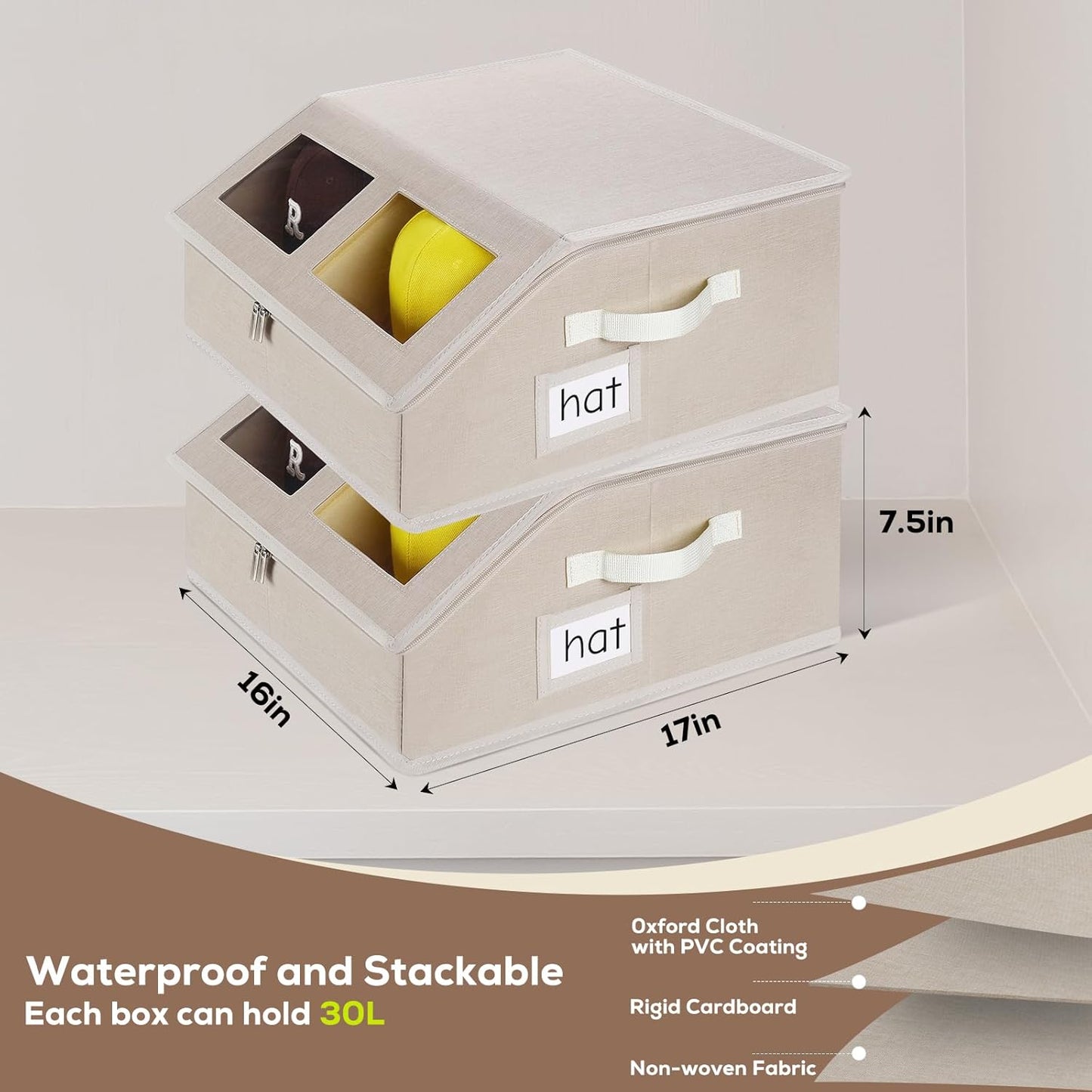 Hat Storage for Baseball Caps-Holds Up to 24 Caps, Hat Organizer for Closet Stackable Hat Box with Cardboard, Dustproof Baseball Cap Organizer with 2 Handles for Home Travel (Beige, 1 Pack)