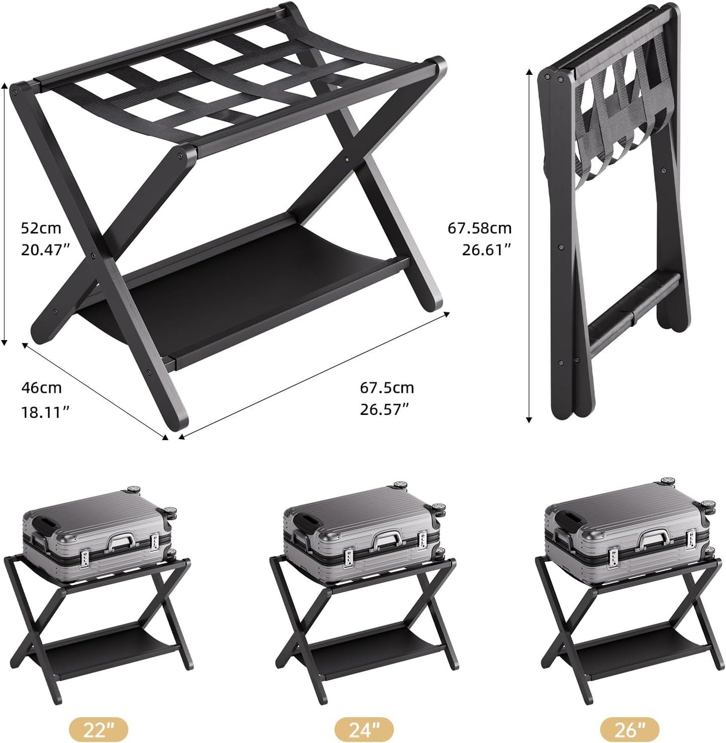 HITNET Luggage Rack for Guest Room, Pack of 2, Suitcase Stand Folding Bedroom, Bamboo Hotel Luggage Holder with Fabric Storage Shelf and Nylon Straps, Black