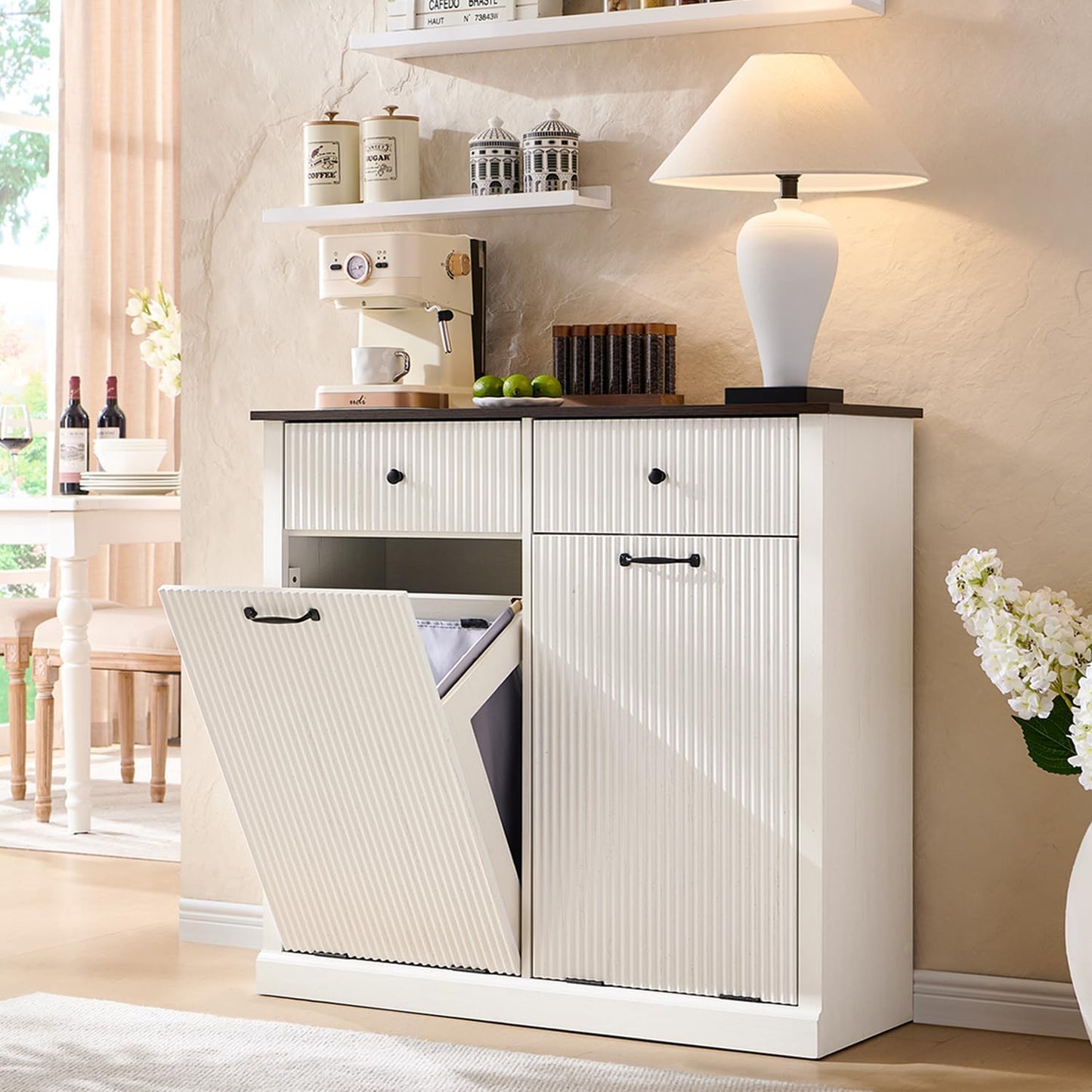 Modern Double Tilt-Out Laundry Hamper Cabinet, 20 Gallon Fluted Trash Can Cabinet w/2 Drawers, Wooden Hidden Garbage Can Cabinets with Laundry Basket, for Bathroom and Kitchen, Antique White