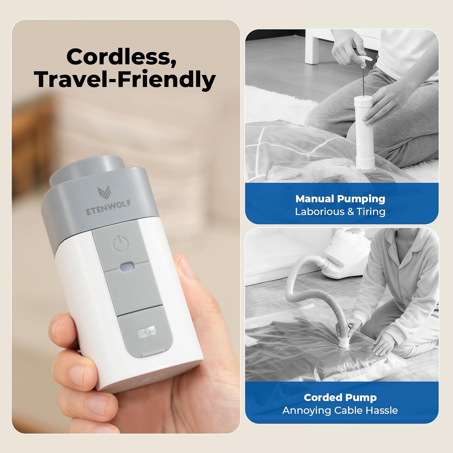 ETENWOLF 4 Pack Vacuum Storage Bags with Rechargeable Wireless Pump, Vacuum Seal Bags for Clothes and Travel, Space Saver Bags in Multiple Carry-On Sizes, Perfect for Luggage and Suitcases