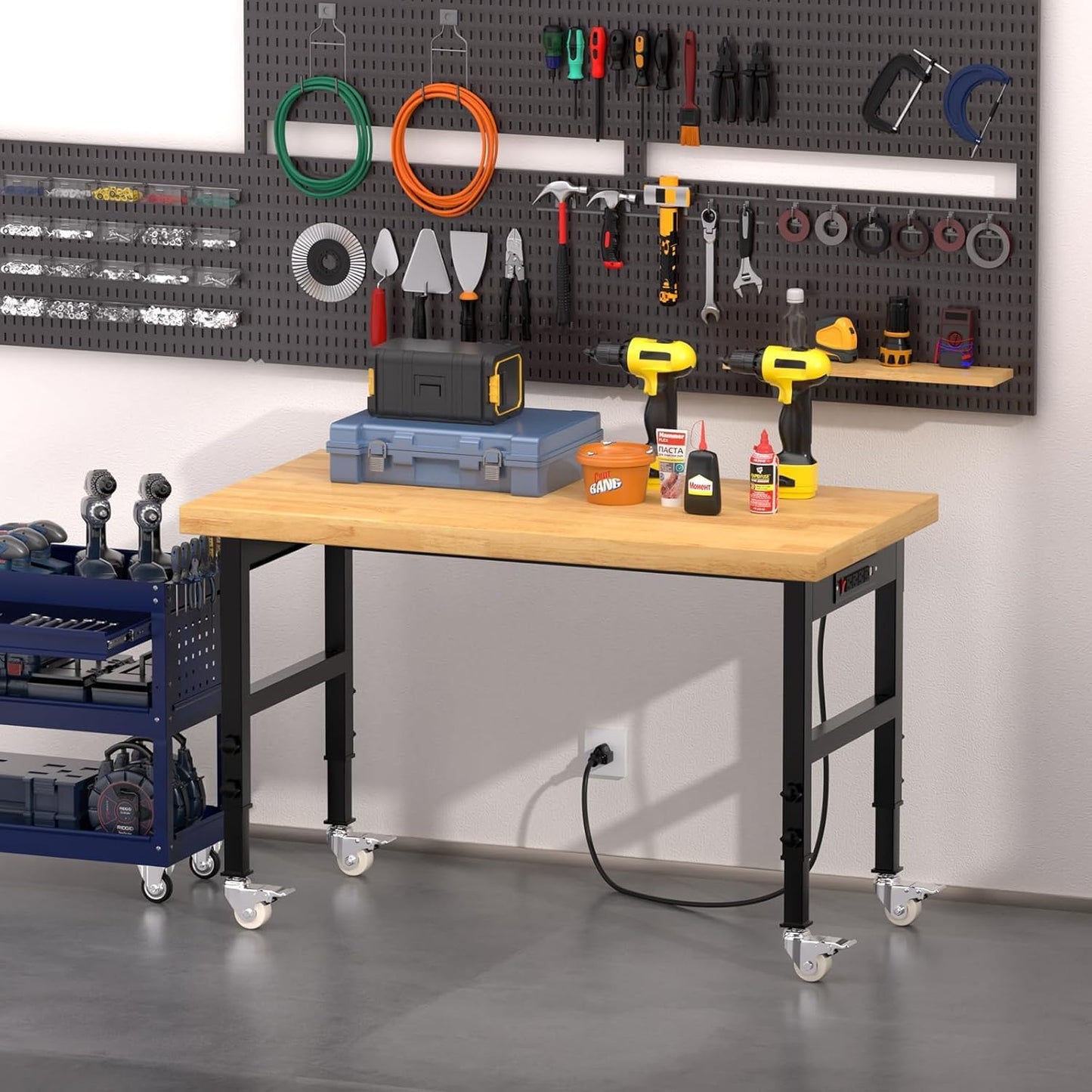 48" Solid Wood Work Bench, Adjustable Height Workbench with Wheels, Heavy-Duty Work Table with Power Outlets, 2000 LBS Capacity Workstation for Garage, Workshop