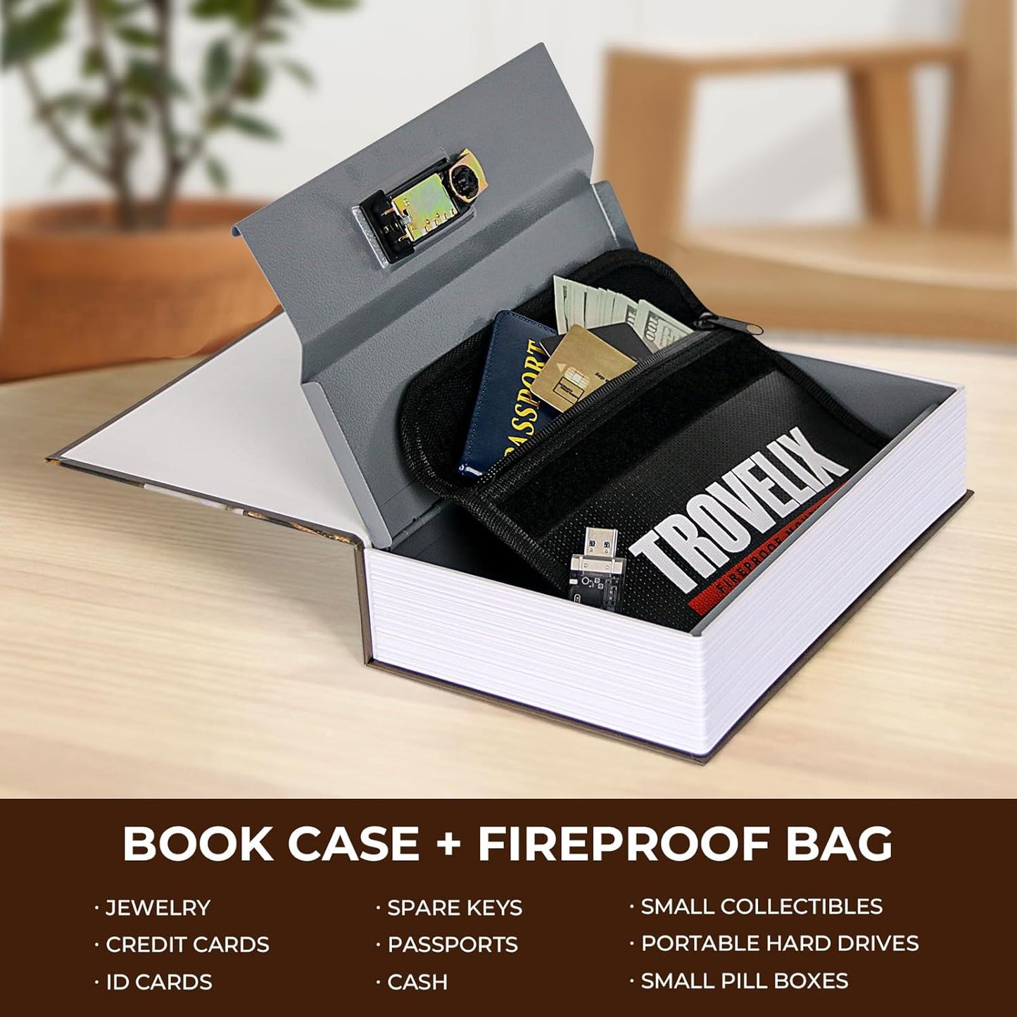 Book Safe with Combination Lock, Hidden Safe (9.5 x 6.2 x 2.2 Inch) with Fireproof Bag, Secret Diversion Safe, Hollow Book Box Hidden Storage, Money Safe Box for Cash (COFFEE)