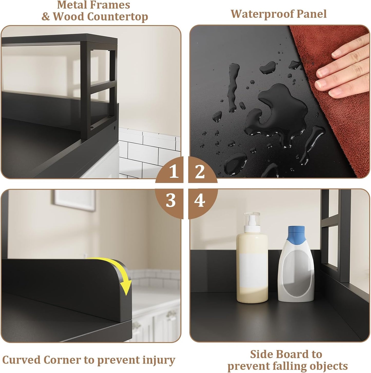Washer Dryer Countertop with Shelf, 27.5″D x 27.5″W x 16.7″H, Countertop for Washer and Dryer Top with Non-Slip Pads and Edge Rails, Laundry Room Storage and Organization(Black)
