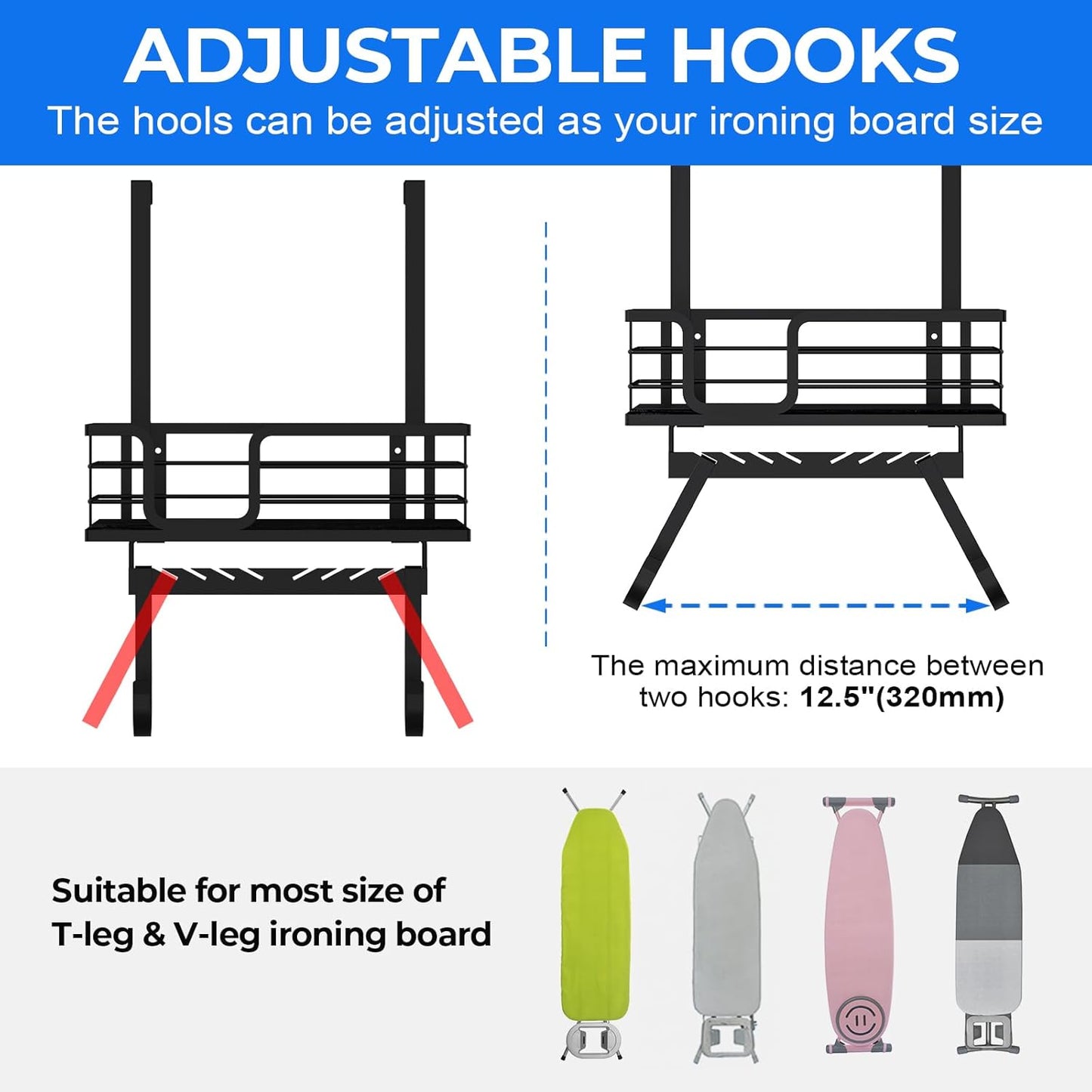 TJ.MOREE Over The Door/Wall Mount Ironing Board Hanger, Laundry Room Iron and Ironing Board Caddy Storage for Water Mister, Fabric Sprays, Laundry Detergent
