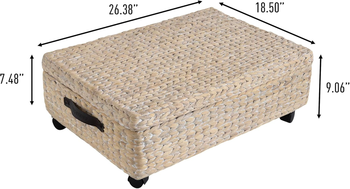 happimess BSK1006D Chett 26.38" Minimalist Hand-Woven Hyacinth/Wood Underbed Storage Bin with Wheels and Handles, White Wash/Dark Brown for Storage and Decoration in Bathroom, Bedroom, Living Room