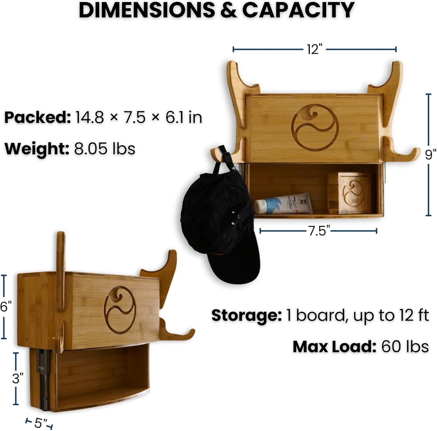 LISS Solo Rack – Wall Mount Surfboard Holder for ONE Board – Bamboo Board Rack with Interchangeable Arms & Hidden Storage Drawer – Fits Shortboards, Longboards, SUPs, Wakeboards, Snowboards up to 12ft