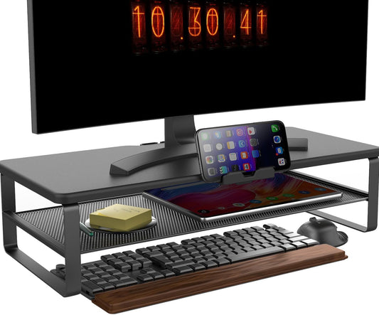 Monitor Stand with drawer, 2-Tier Monitor Stand Riser with Phone Holder and Cable Management - Desk TV Shelf, Laptop Printer, Desk Organizer Stand, for Home & Office, Black