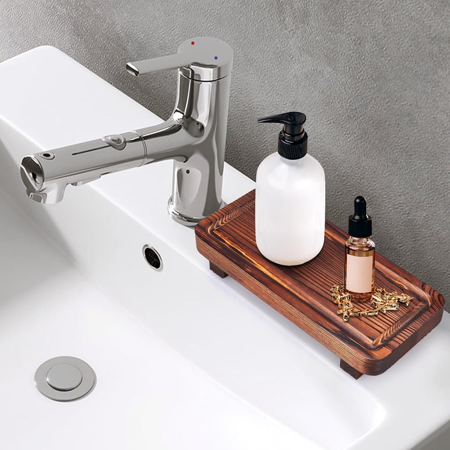 Small Kitchen Sink Soap Tray for Counter Dish Soap Dispenser Holder Wooden Pedestal Stand for Bathroom Counter Decor Farmhouse Wood Risers Display Stands Kitchen Accessories Countertop Vanity Tray