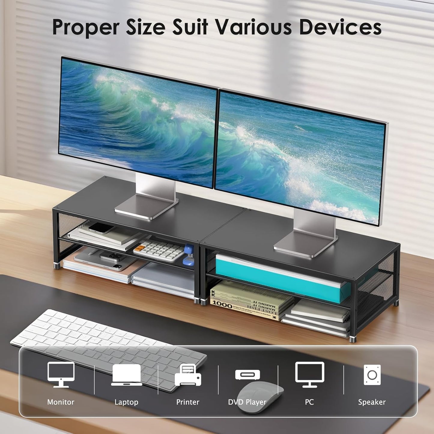 Desk Organizers and Accessories, 2-Tier Metal Computer Monitor Stand Riser, Desk Organizer for Monitor, Printer & Laptop Stand, Desktop Workspace Organizers for Office Supplies(Black)