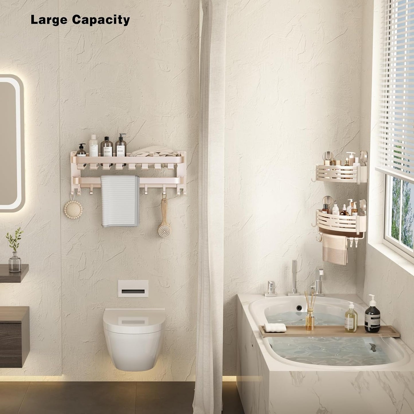 VOLPONE Corner Shower Caddy Suction Cup Shower Shelf Corner No Drilling Bathroom Shower Organizer Storage Rack Adhesive with Towel Bar Hooks(3-Pack, Ivory)
