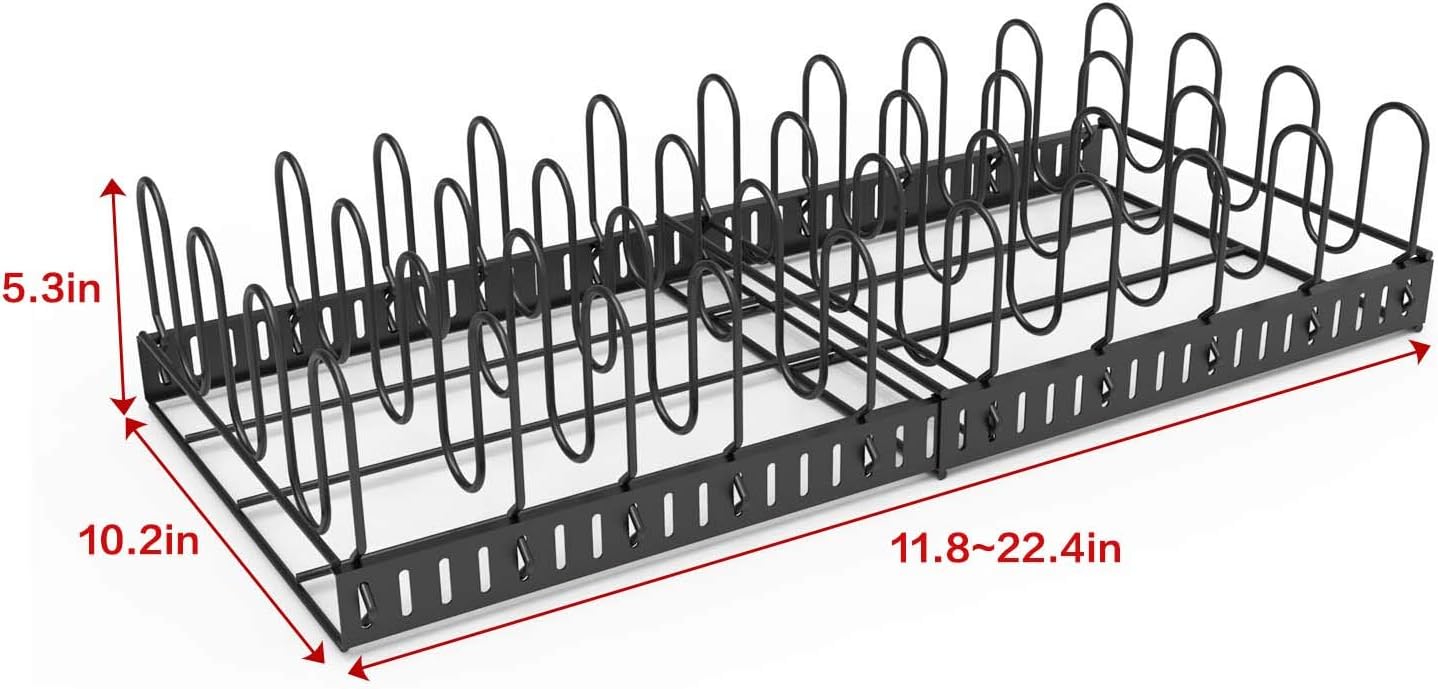 Expandable Food Container Lid Organizer,Large Capacity Adjustable 8 Dividers Detachable Lid Organizer Rack for Cabinets, Cupboards, Pantry Shelves, Drawers Keep Kitchen Tidy,Black 10.2”wide,3.6 Pound.