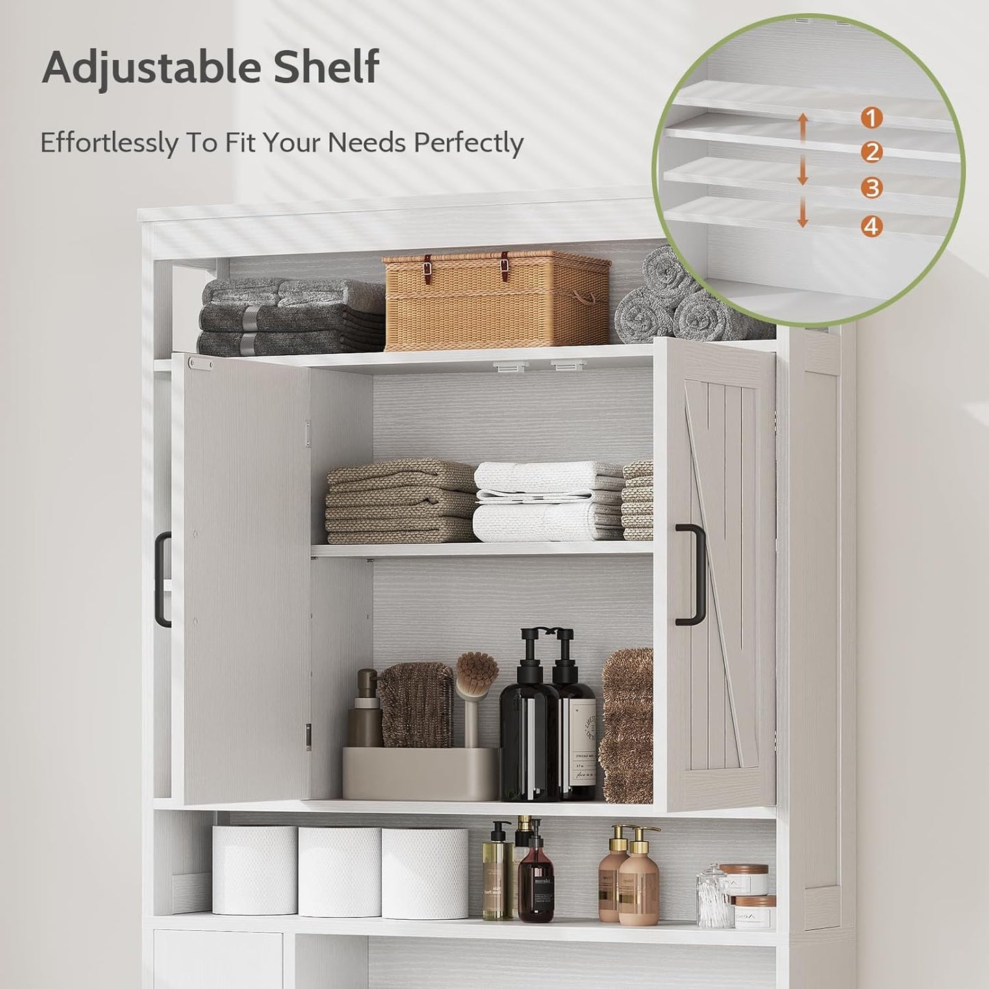 Over The Toilet Storage Cabinet with 6 Shelves, Farmhouse Bathroom Storage Cabinet with 2 Barn Door & Toilet Paper Holder Stand, Toilet Shelf with Adjustable Shelf for Bathroom Laundry